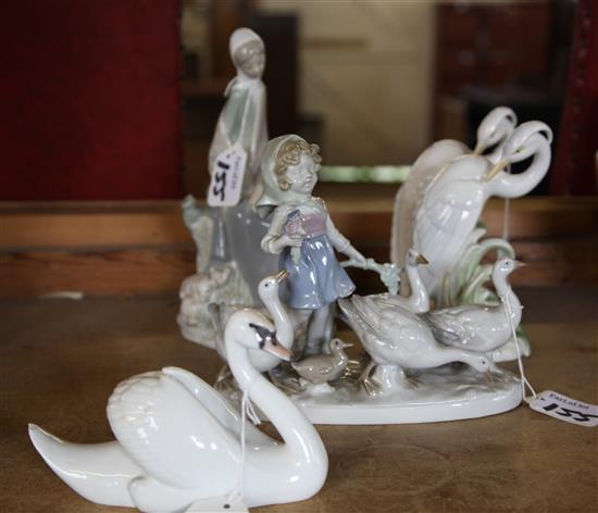 Royal Copenhagen swan (a.f.), Lippelsdorf goose girl, Nao girl with piglets & pr of Japanese herons(-)